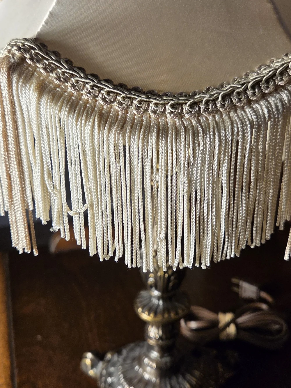 Vintage Cream Fringe Table Lamp with Ornate Brass Base